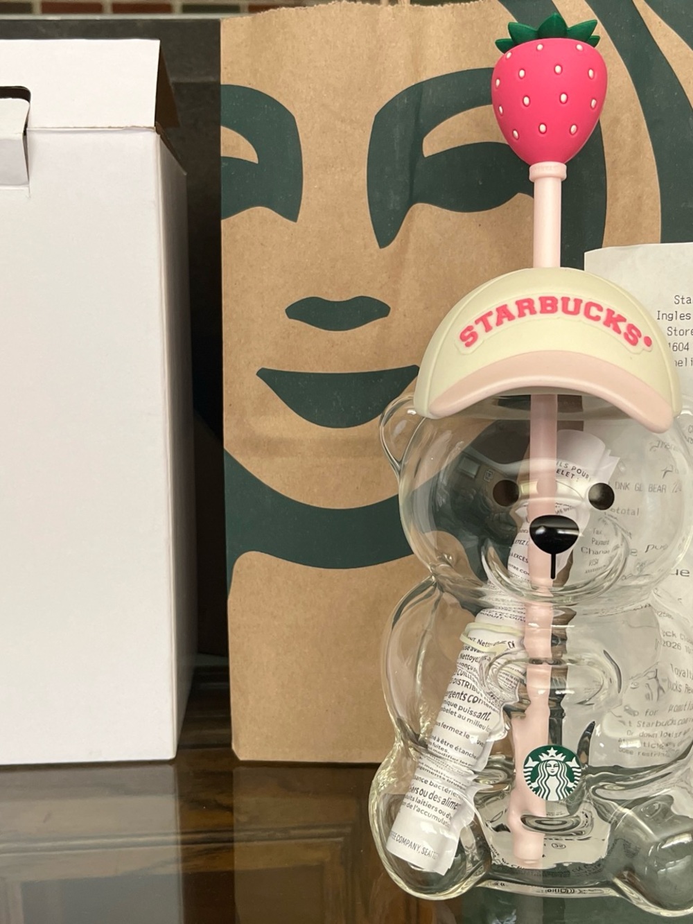 Starbucks Clear Bear Tumbler with Pale Pink Strawberry Topper